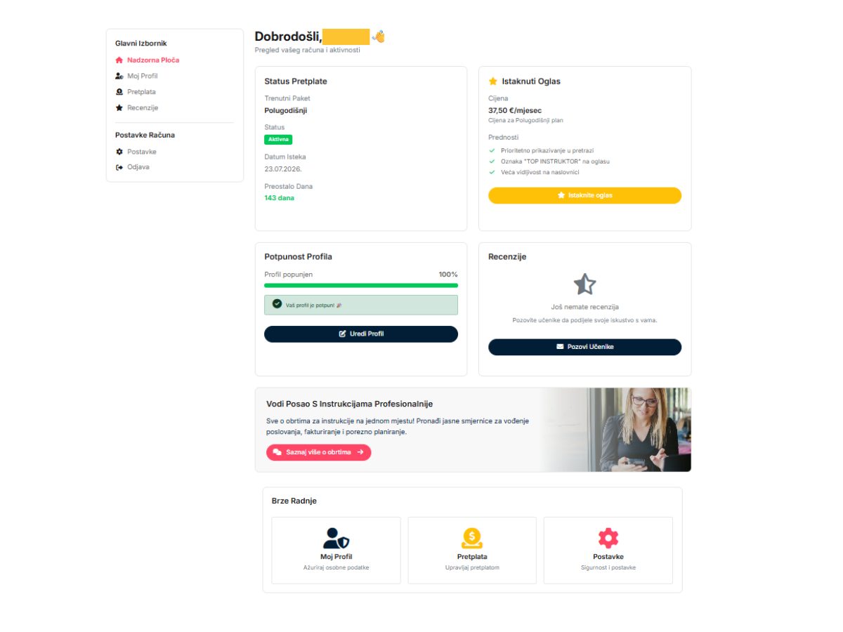 Korisničko sučelje instruktora na Instrukcije Oglasniku